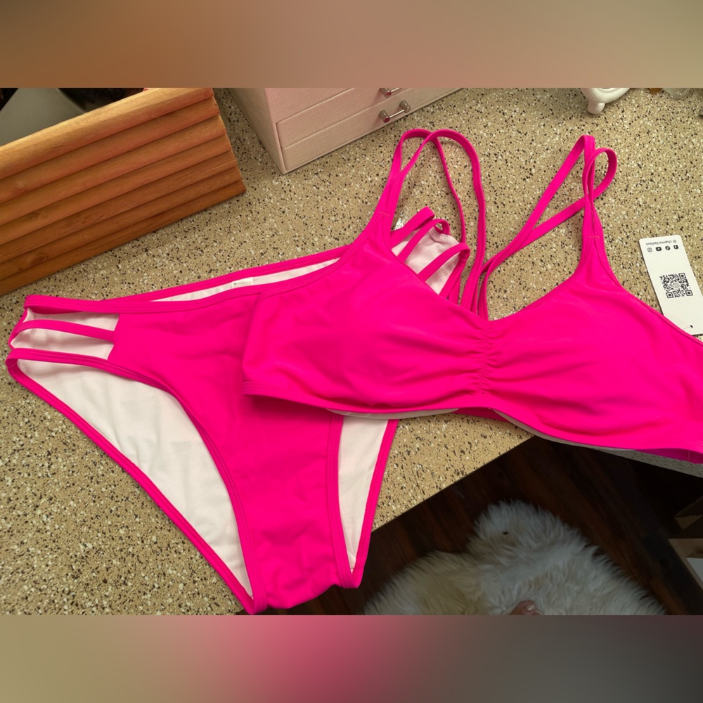 NWT! Hot Pink Strappy Ruched Front Two-Piece Maternity Bikini Set XL